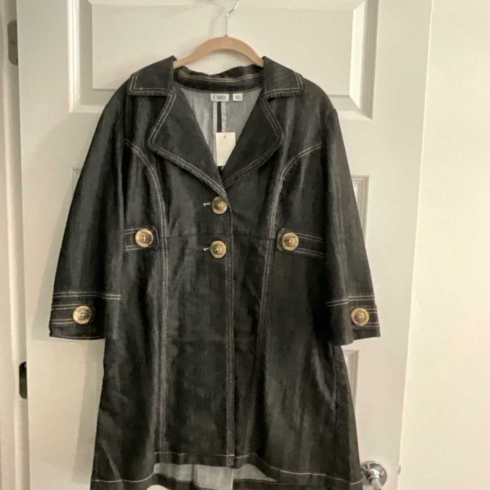 CO Black Denim Trench Coat with Gold Accents